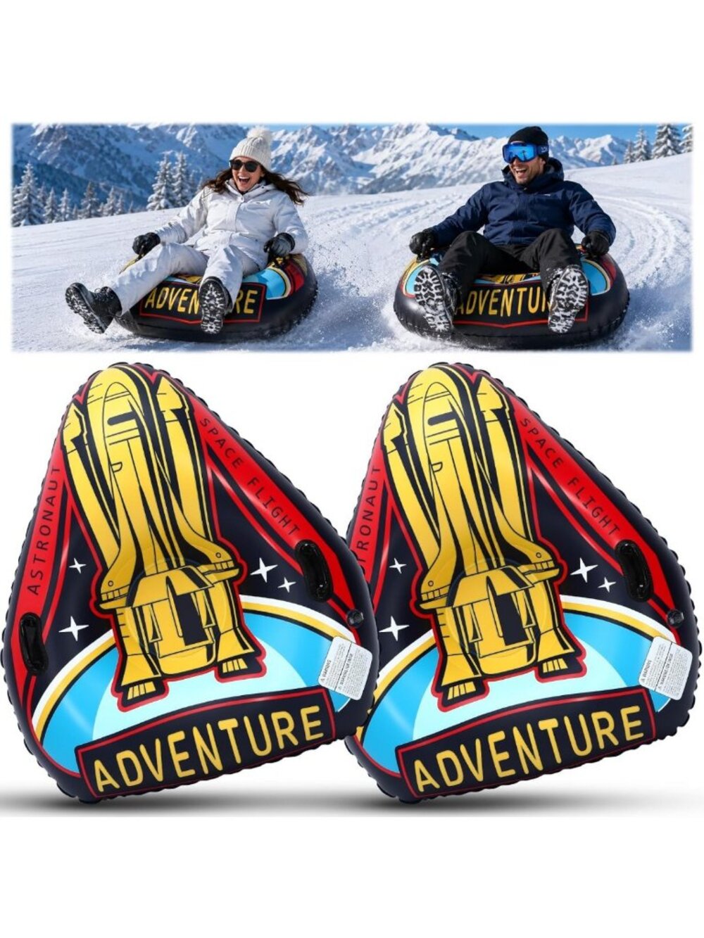 2 Pack 43-Inch Inflatable Snow Tubes - Rocket Triangle Design, Durable PVC